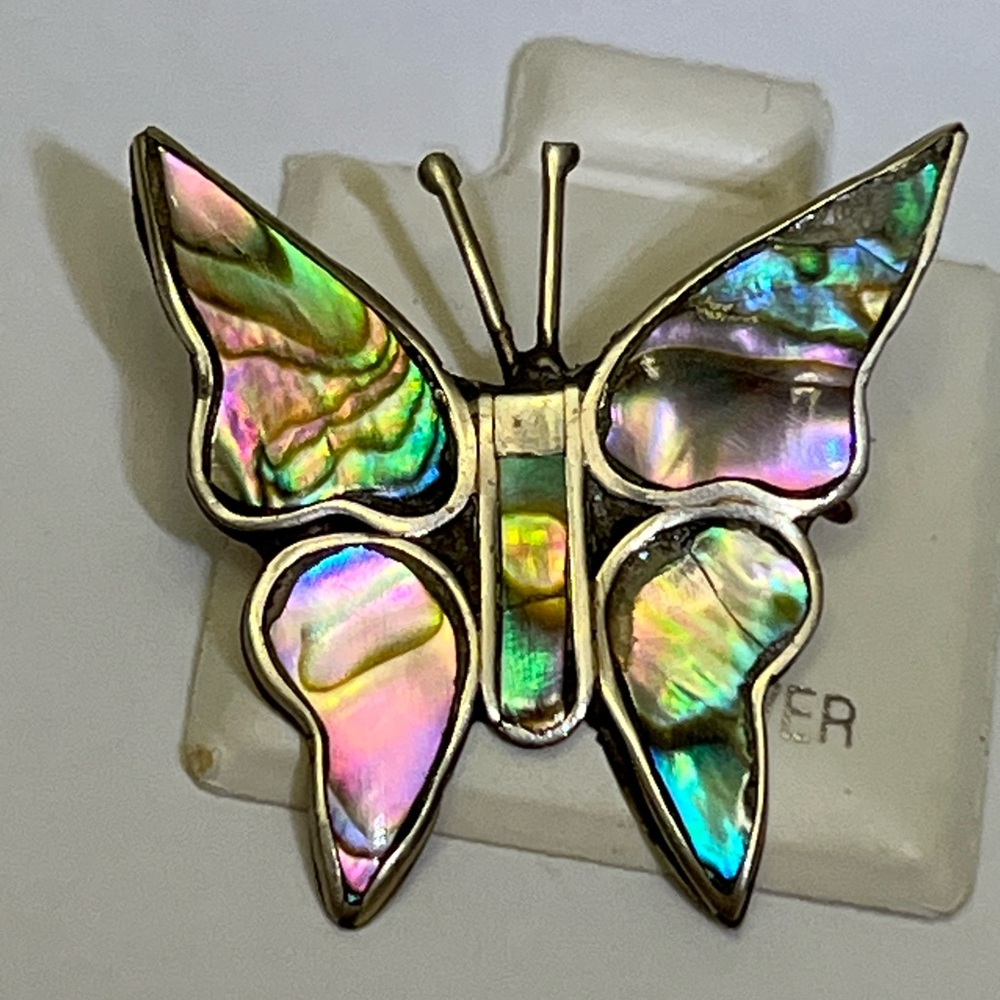 Vintage Mexican Butterfly Brooch Abalone Shell Wings Inlay  Alpaca Silver 1-1/8"